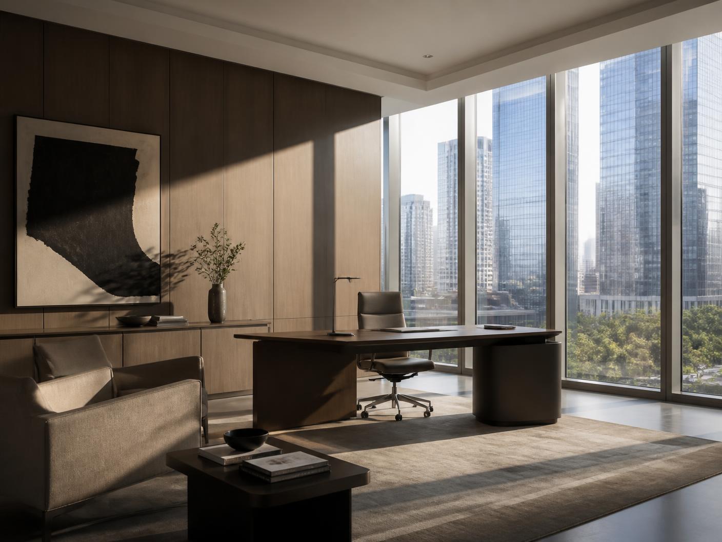 Executive office overlooking a city skyline