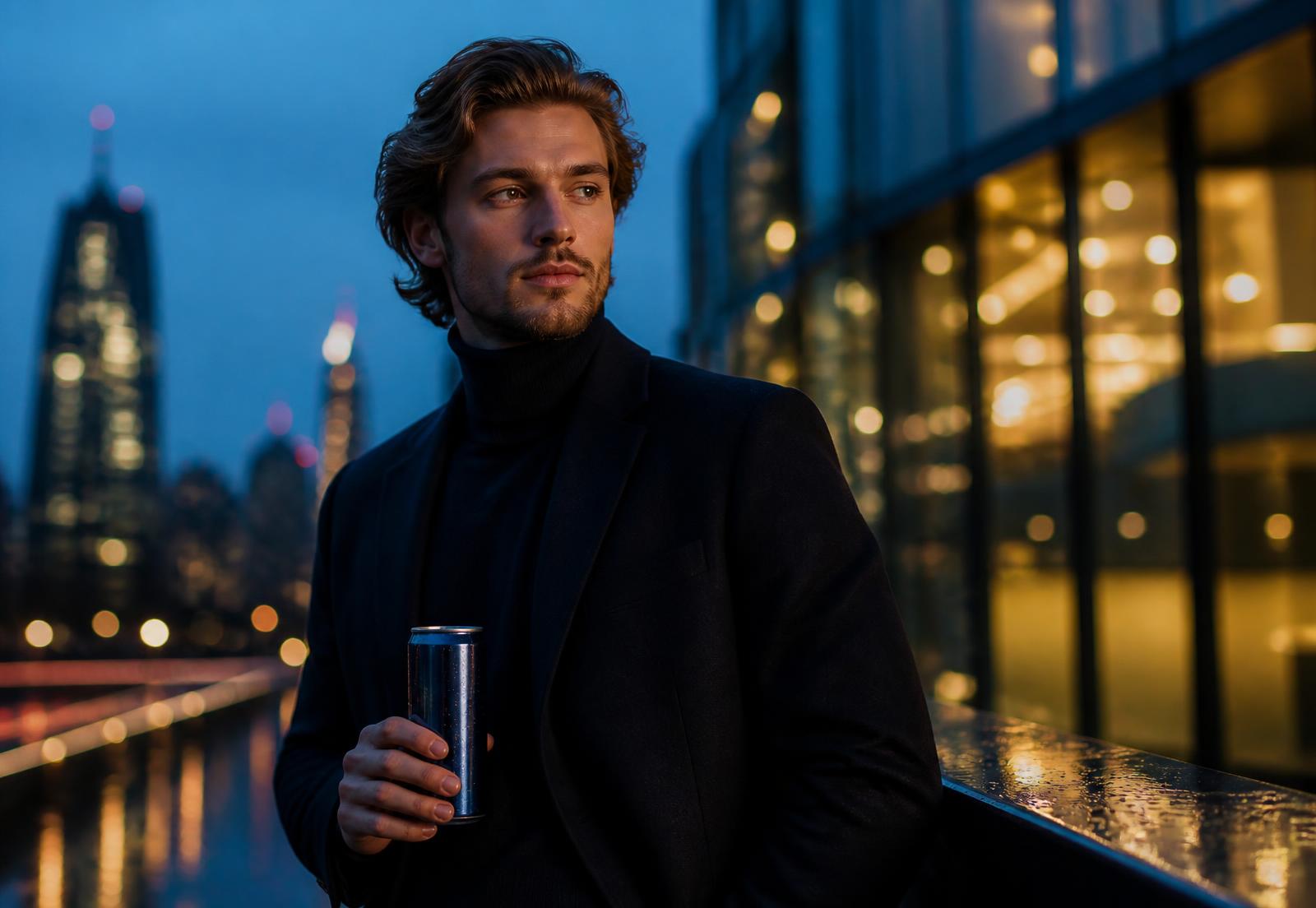Professional in a modern city at dusk holding an energy drink can