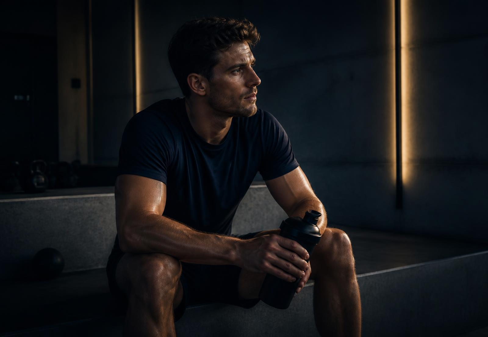 Athlete resting after training with a performance nutrition drink